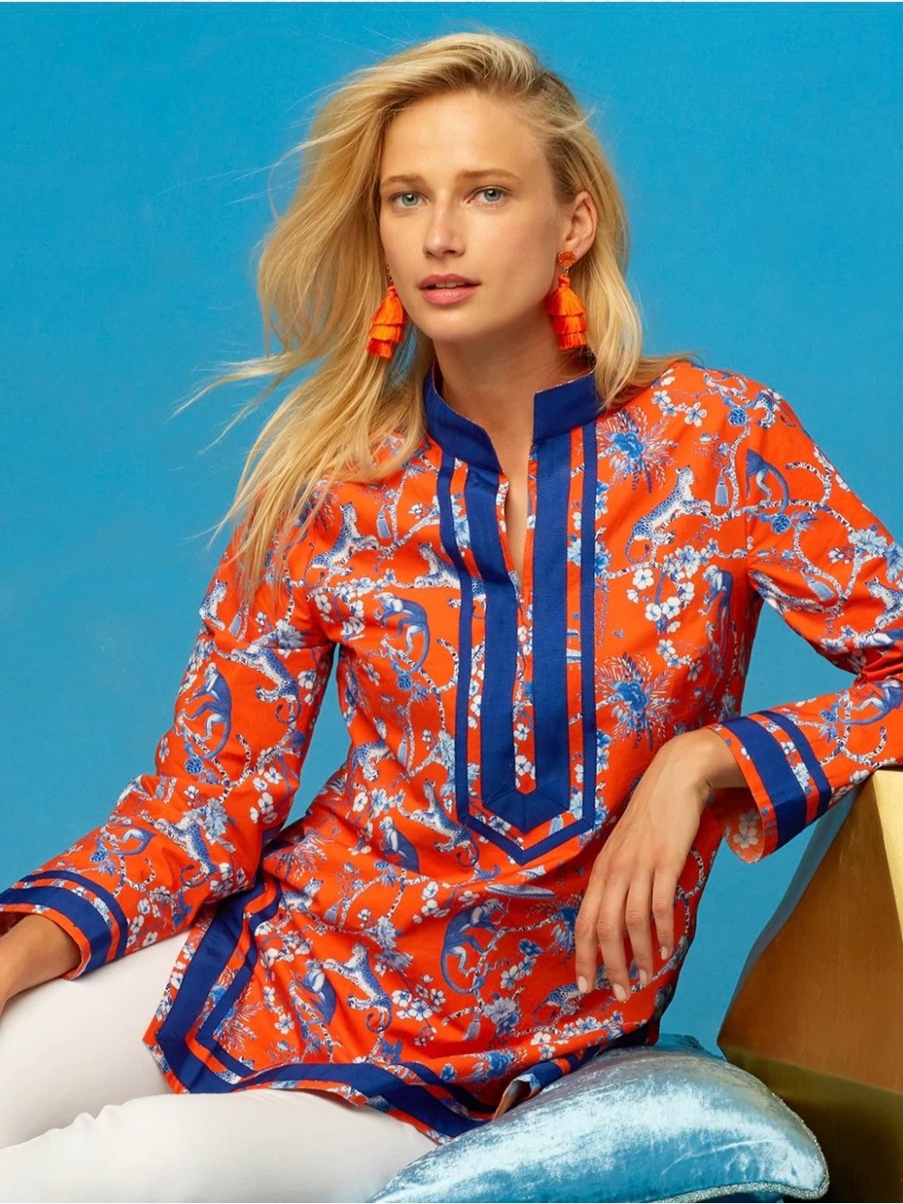 Nicoblu Capri Tunic in Whimsical Jungle Toile Orange & Blue NWOT